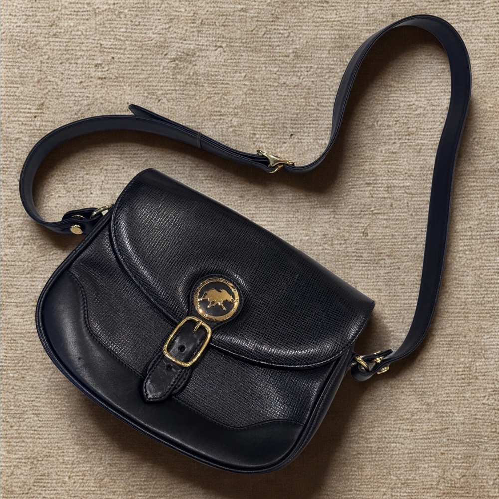 Hunting World Vintage Black Leather Crossbody | Gold Logo
